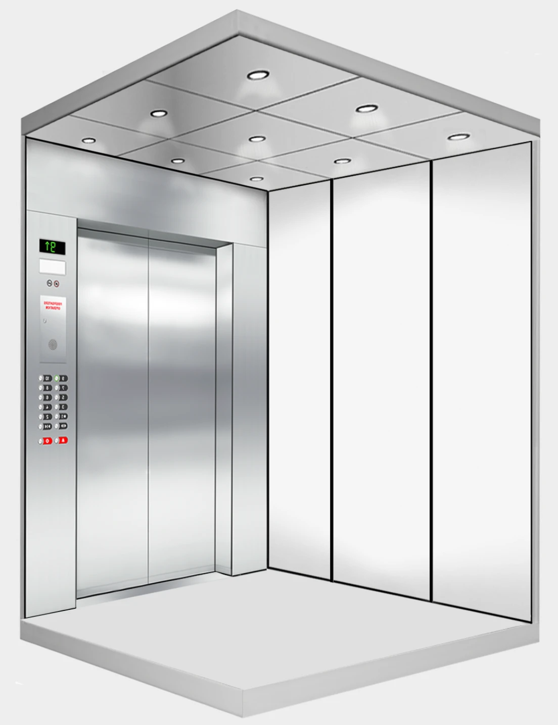 Elevator cab interior with stainless steel finishes, from the IDEC Cab Lab